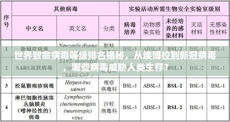 世界致命病毒等级排名揭秘，从埃博拉到新冠病毒，哪些病毒威胁人类生存？